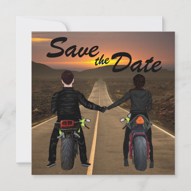 Couple Riding Motorcycles at Sunset Wedding Save T The Date (Front)