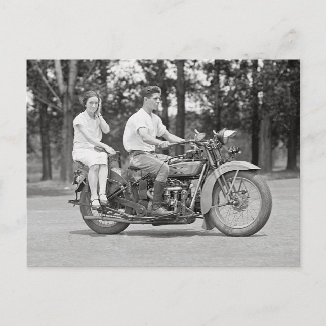 Couple Riding Motorcyle, 1928 Postcard (Front)