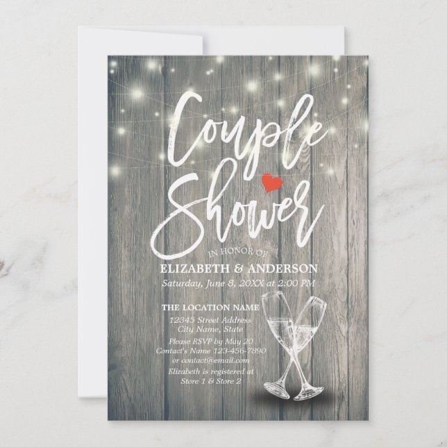 Couple Shower Champagne Glasses Wood String Lights Invitation (Front)