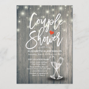 Couple Shower Champagne Glasses Wood String Lights Invitation