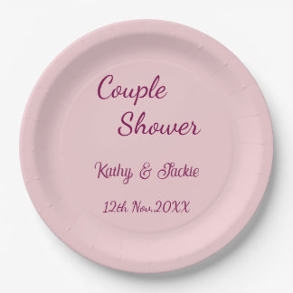 couple shower pink purple pastel wedding name date paper plate