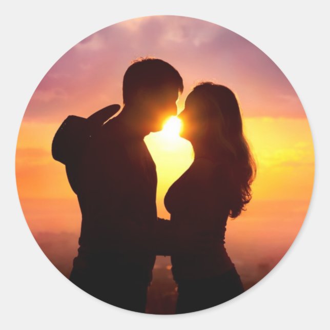 Couple Silhouette At Sunset Classic Round Sticker (Front)