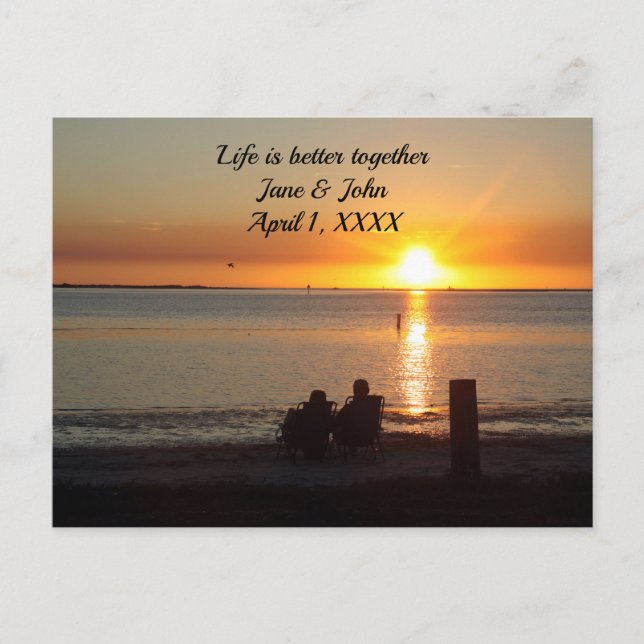 Couple Sit On Beach At Sunset Anniversary Postcard (Front)