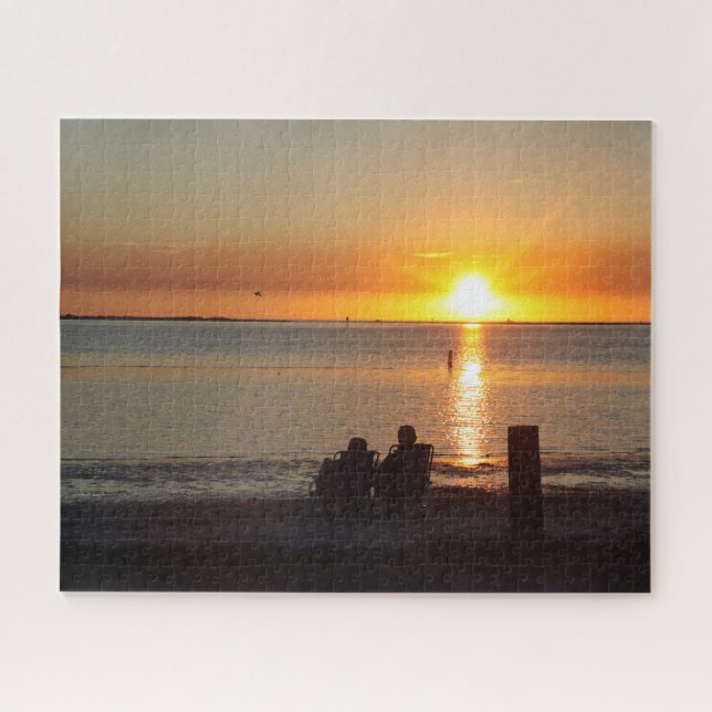Couple Sit On Beach At Sunset Jigsaw Puzzle (Horizontal)