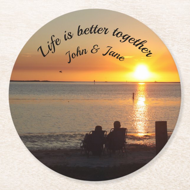 Couple Sit On Beach At Sunset Paper Coaster (Front)