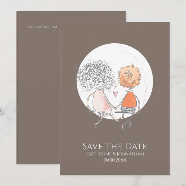 Couple sitting on swing moon illustration simple save the date (Front/Back)