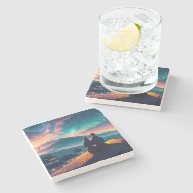 Couple Sitting On The Roof Stone Coaster (Side)
