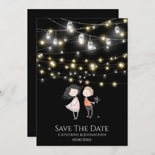 Couple standing under string lights cartoon save the date