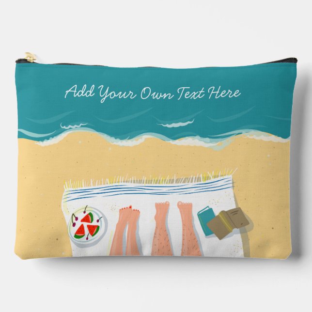 Couple Sunbathing on Beach Custom Text Holiday Accessory Pouch (Front)
