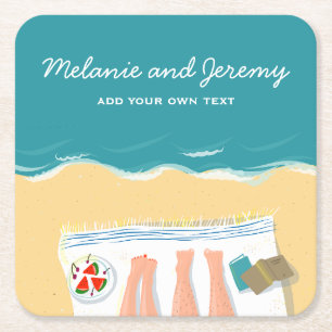 Couple Sunbathing on Beach Personalised Square Paper Coaster