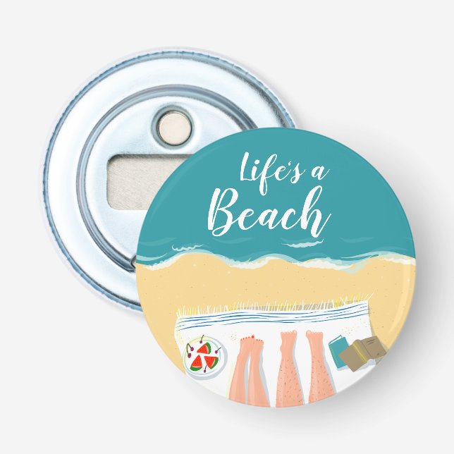 Couple Sunbathing on Beach Slogan Bottle Opener (Front)