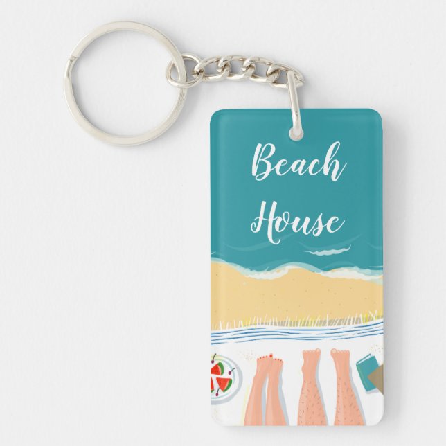Couple Sunbathing Seaside Illustration Beach House Keychain (Front)