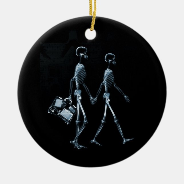 Couple Travelling X-Ray Vision Skeletons - Blue Ceramic Ornament (Front)