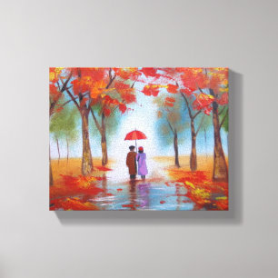 Couple walking in a forest autumn rainy day canvas print