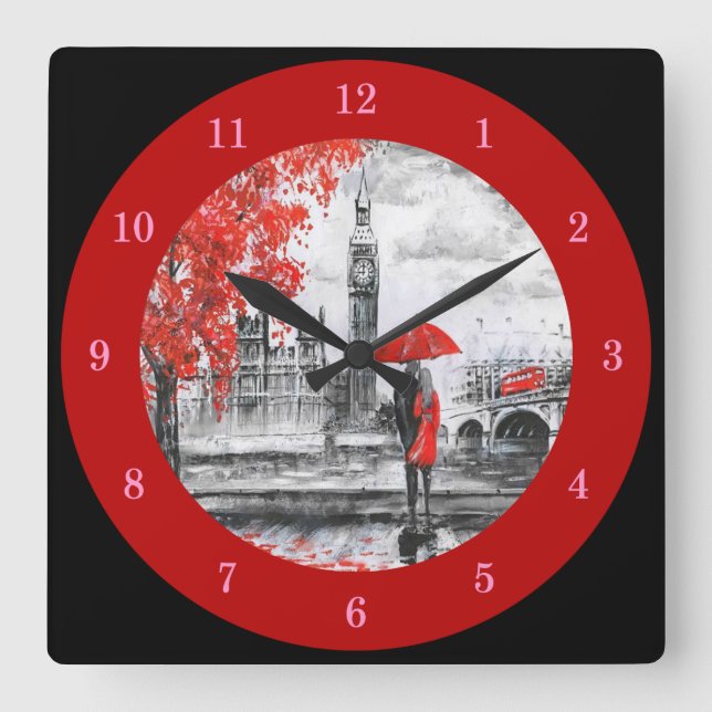 Couple Walking in the Rain Under an Umbrella Squar Square Wall Clock (Front)