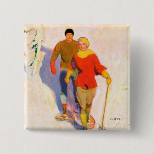 Couple Wearing Snowshoes by McClelland Barclay 2 Inch Square Button