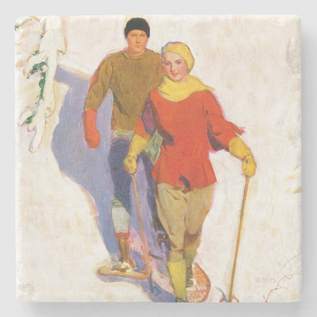 Couple Wearing Snowshoes by McClelland Barclay Stone Coaster (Front)