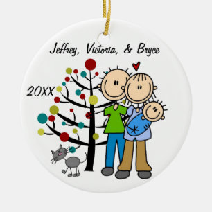 Couple With Baby Boy and Cat Custom Ornament