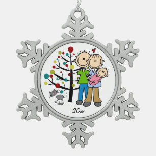 Couple With Baby Girl and Cat Snowflake Ornament