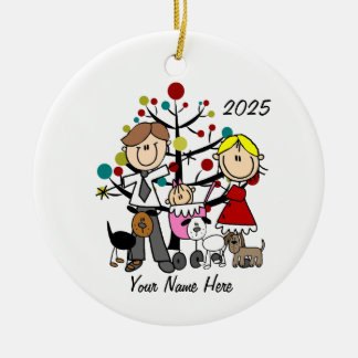 Couple with Baby Girl Three Dogs Ceramic Ornament