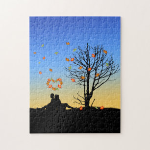 Couple with Heart-Shaped Autumn Leaves Jigsaw Puzzle