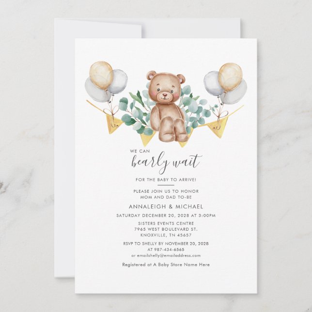 Couples Baby Shower Bear Animal Eucalyptus Foliage Invitation (Front)