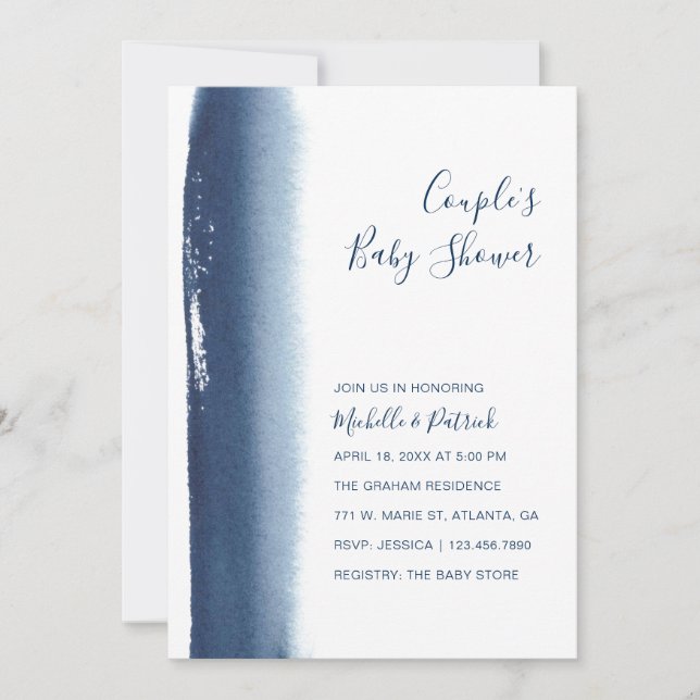 Couples Baby Shower Boy Navy Blue Watercolor Invitation (Front)