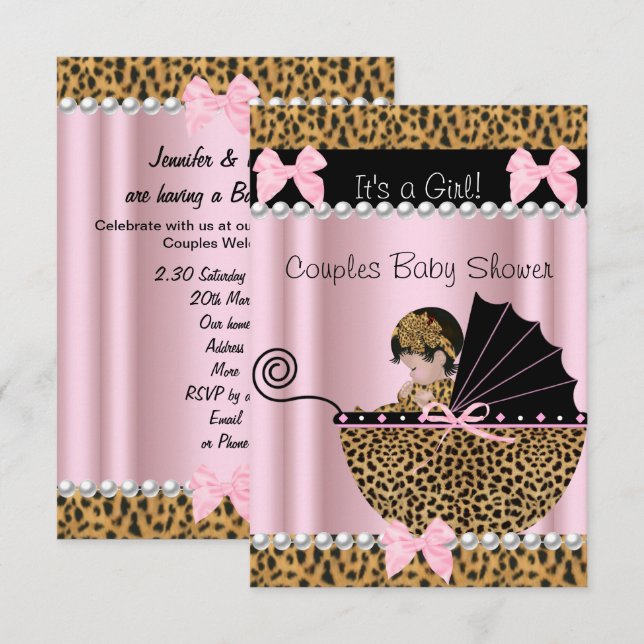 Couples Baby Shower Cute Girl Pink Leopard Invitation (Front/Back)
