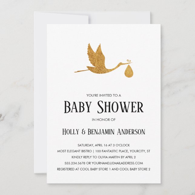 Couples Baby Shower Faux Gold Foil Stork w/ Bundle Invitation (Front)