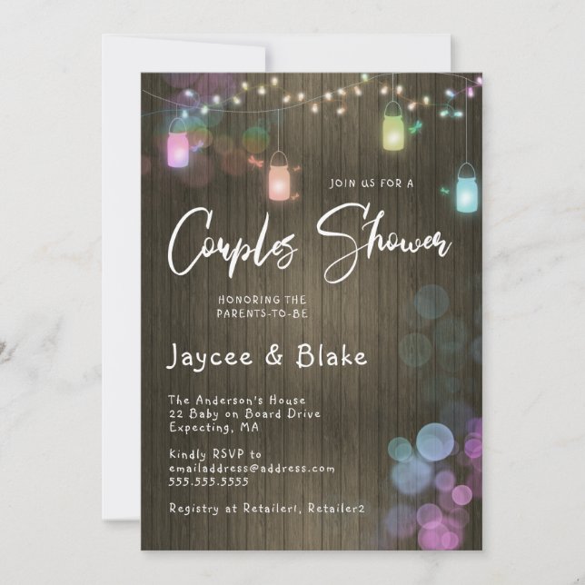 Couples Baby Shower Mason Jar Twinkle Lights Invitation (Front)