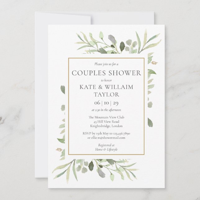  Couples Baby Shower Watercolour Greenery Invitation (Front)