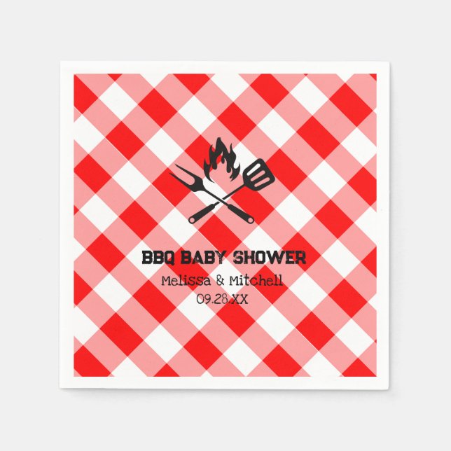 Couples BBQ baby shower red plaid gingham Napkin (Front)