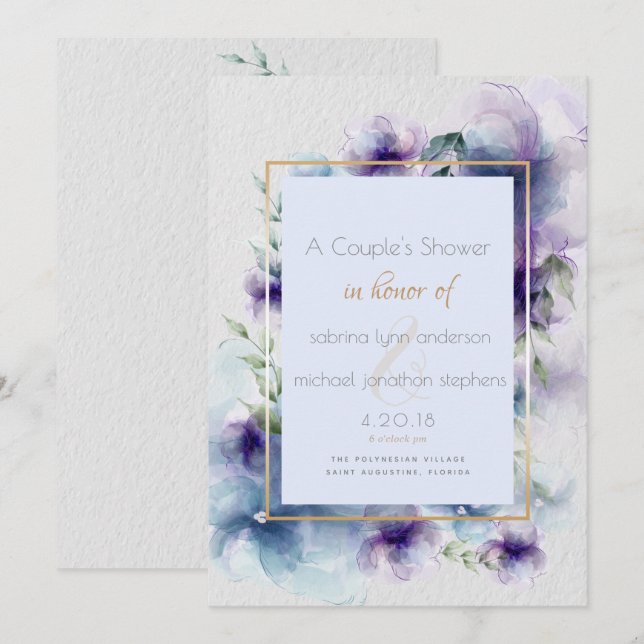 Couples Blue-Violet Translucent Watercolor Flower Invitation (Front/Back)