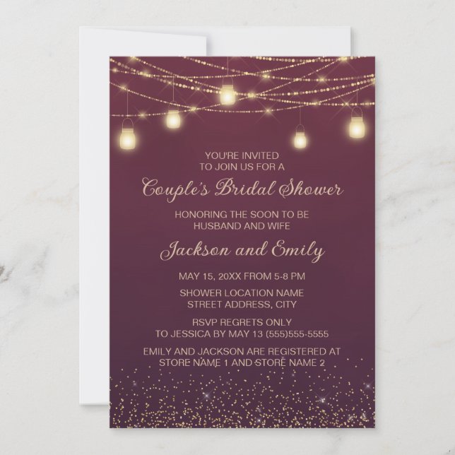 Couple's Bridal Shower Burgundy Gold String Light Invitation (Front)