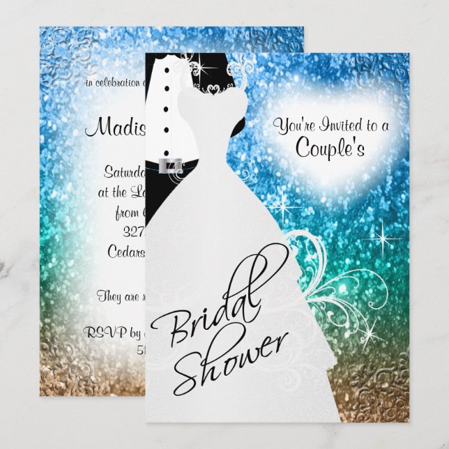 Couple's Bridal Shower in an Elegant Beach Glitter Invitation (Front/Back)
