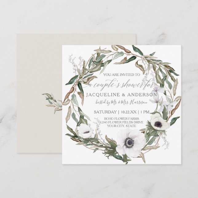 Couples Bridal Shower Rustic Anemone Olive Wreath Invitation (Front/Back)