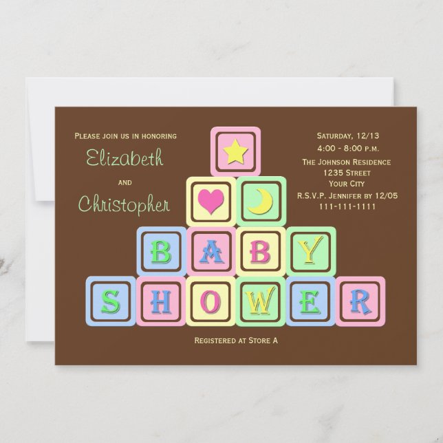 Couples Coed Baby Shower Invitation Baby Blocks (Front)