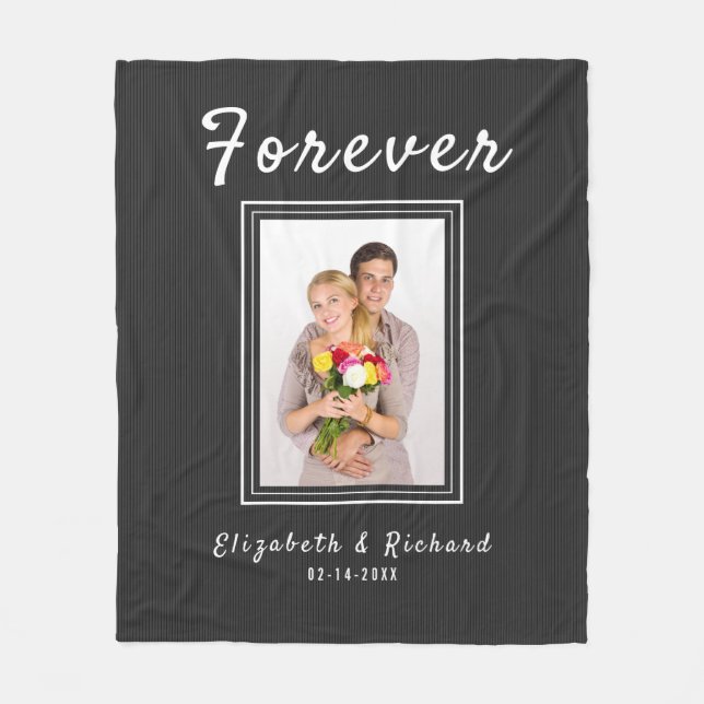 Couples Custom Photo Personalized Text Striped Fleece Blanket (Front)