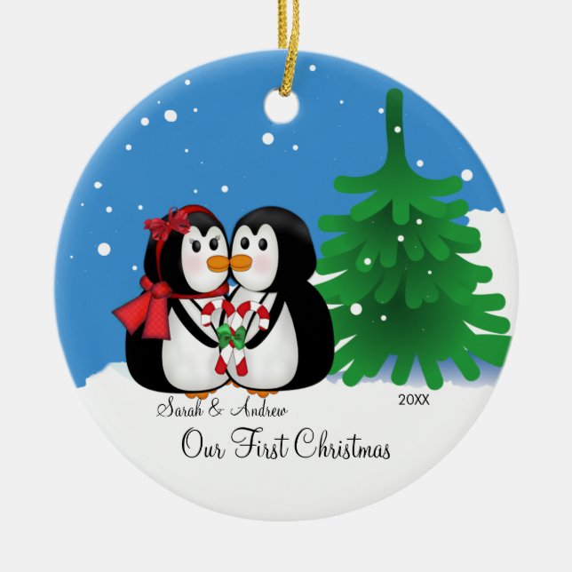 Couples de pingouin notre premier ornement de Noël (Devant)