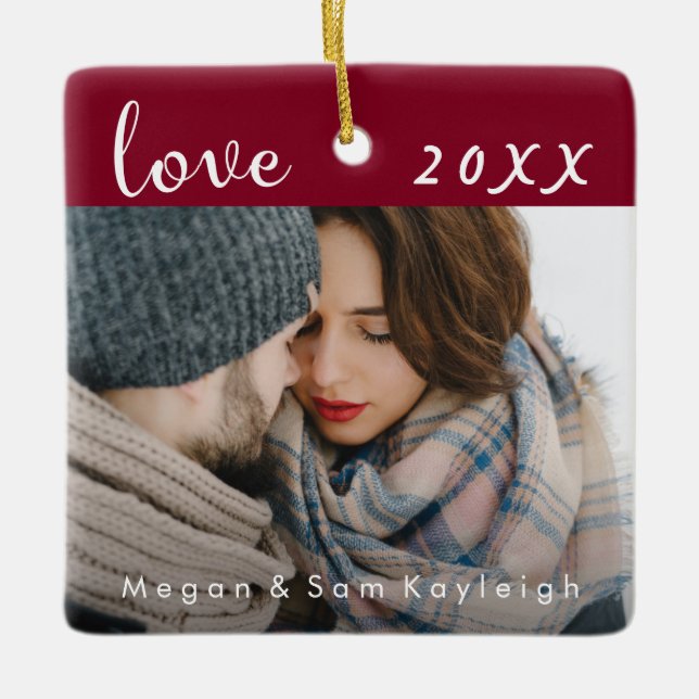 Couples Elegant Red Love Photo and Date with Names Ceramic Ornament (Front)
