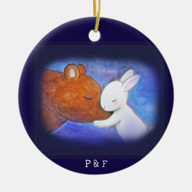 Couple's First Christmas Bear & Bunny Custom Name  Ceramic Ornament (Front)