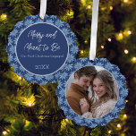 Couples First Christmas Engaged Photo Poinsettia Ornament Card<br><div class="desc">Commemorate your first Christmas as an engaged couple with this beautiful photo ornament with a classic blue and white hand drawn poinsettia pattern featuring a photo on one side and your text on the back.</div>