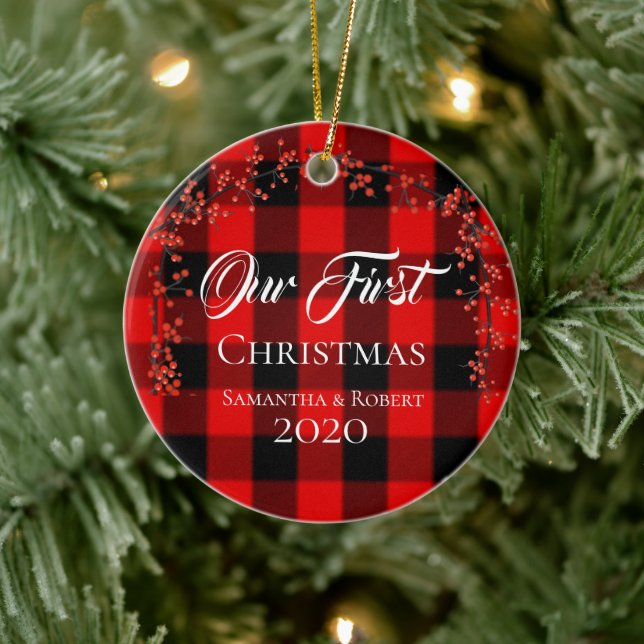 Couples First Christmas Name Date Red Plaid Ceramic Ornament (Tree)