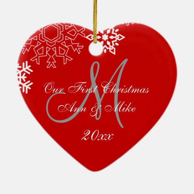 Couple's First Christmas Ornament | Monogram RED (Back)