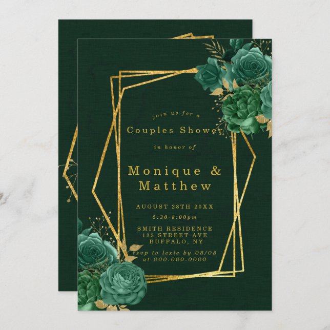 Couples Floraux Géométriques Or Vert Invitations d (Devant / Derrière)