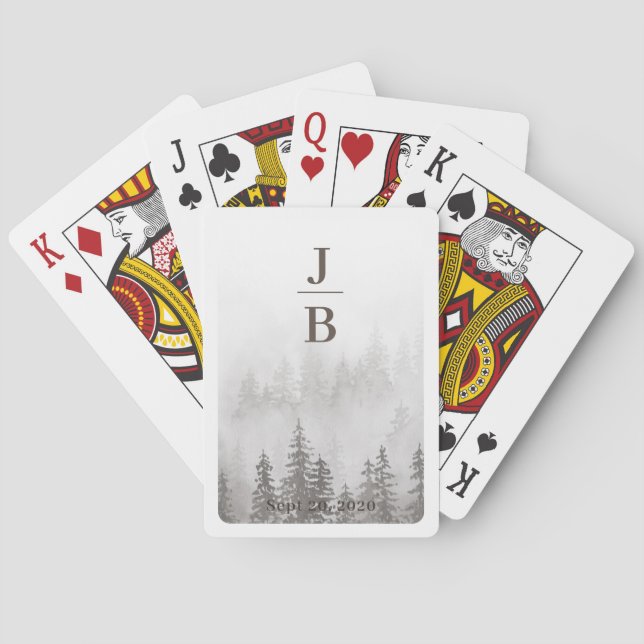 Couples Initials Evergreens in Fog Forest Grey Playing Cards (Back)