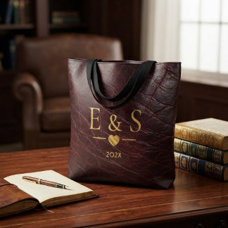 Couples Initials Heart & Year Faux Leather Texture Tote Bag
