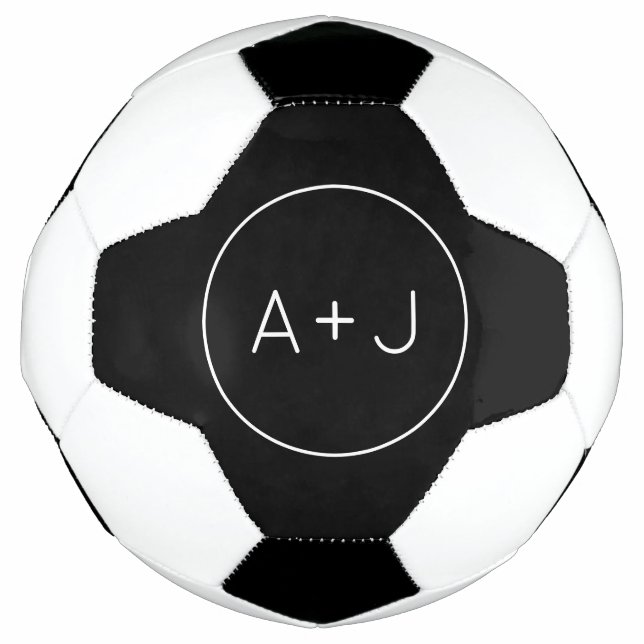 Couples Initials Modern Circle Monogram | B & W Soccer Ball (Front)