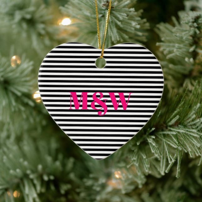Couple's initials monogram black white stripes ceramic ornament (Tree)