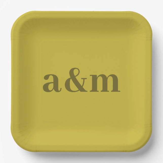 Couple's Initials Olive & Mustard Green Minimalist Paper Plate (Front)